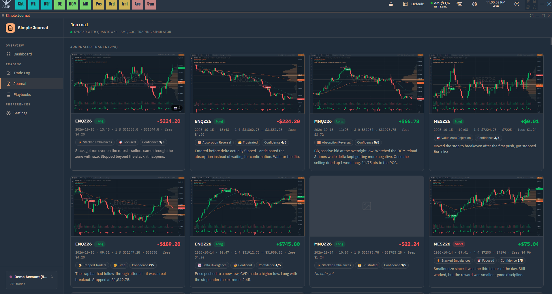 Journal cards with chart photos, setup, emotion, confidence and notes for each trade